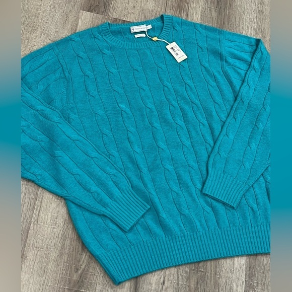NWT Peter Millar XL 100% Cashmere Cable Knit Teal Super Soft Crewneck Sweater - Picture 2 of 13